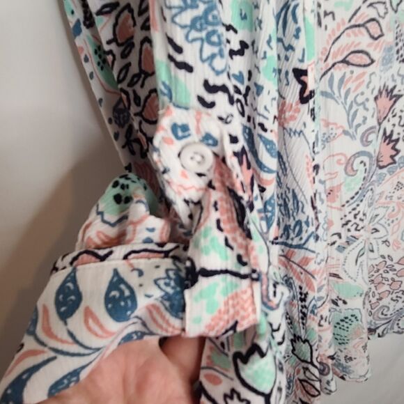 5X 28W White Gauze Kimono Blue Paisley Open Lightweight Tab Long Sleeve Drape fr - Picture 3 of 7